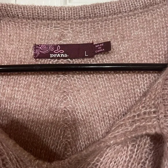 PrAna Shelby Poncho Sweater Pink Wool blend Wm L Boho Fringe Hem Tassle Tie Neck - Picture 2 of 9